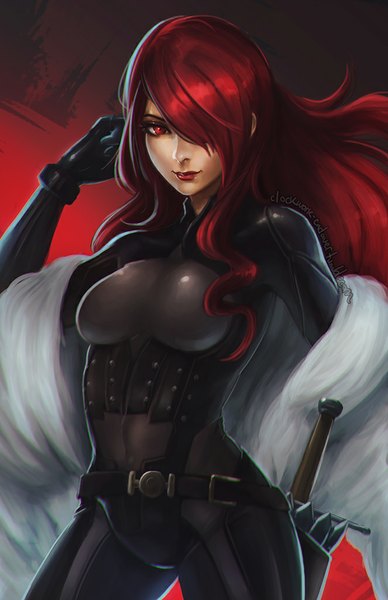 Anime picture 663x1024 with persona 4 persona kirijou mitsuru koyoriin single long hair tall image looking at viewer fringe breasts red eyes red hair hair over one eye lipstick red lipstick sheathed girl weapon sword belt