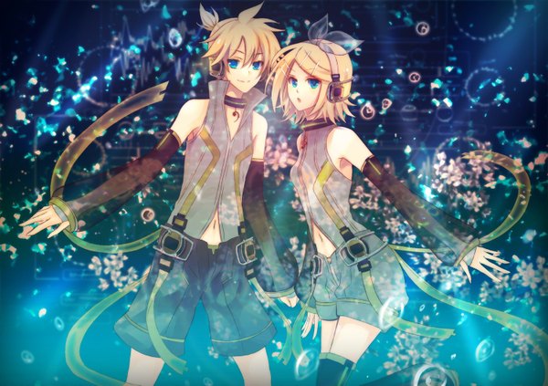 Anime picture 1500x1059 with vocaloid vocaloid append kagamine rin kagamine len kagamine rin (append) kagamine len (append) soriku (artist) short hair blue eyes blonde hair smile bare shoulders twins girl boy bow hair bow detached sleeves choker headphones
