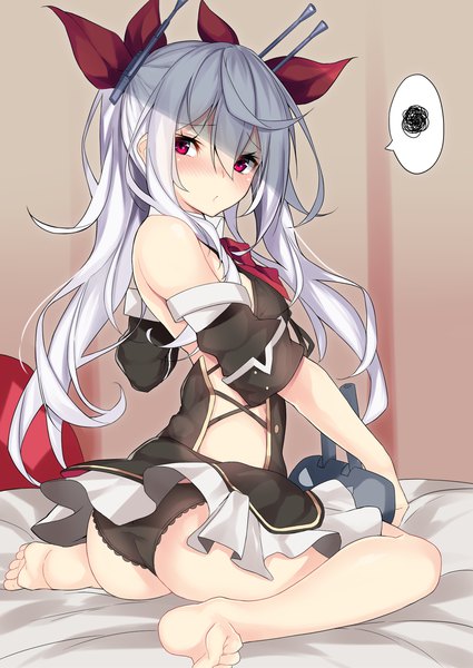 Anime picture 1254x1770 with azur lane vampire (azur lane) nebusoku single long hair tall image looking at viewer blush fringe light erotic hair between eyes red eyes sitting twintails silver hair full body ass looking back barefoot embarrassed