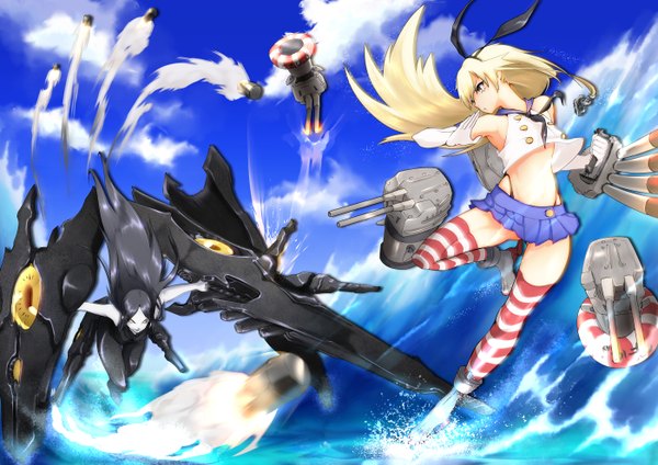 Anime picture 1400x990 with kantai collection shimakaze destroyer rensouhou-chan ru-class battleship big.g long hair black hair blonde hair multiple girls brown eyes sky cloud (clouds) battle girl thighhighs gloves bow weapon 2 girls hair bow