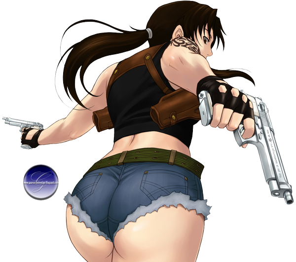 Anime picture 1023x907 with black lagoon madhouse revy (black lagoon) single long hair looking at viewer light erotic brown hair ass ponytail looking back from behind from below tattoo transparent background girl gloves weapon black gloves shorts