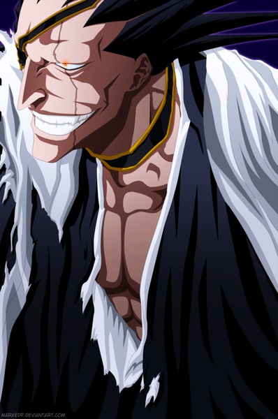 Anime picture 800x1205 with bleach studio pierrot zaraki kenpachi marxedp single long hair tall image black hair simple background smile traditional clothes japanese clothes orange eyes grin coloring torn clothes scar muscle purple background boy