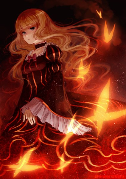 Anime picture 1311x1860 with umineko no naku koro ni beatrice silverwing single long hair tall image looking at viewer blue eyes blonde hair girl dress insect butterfly