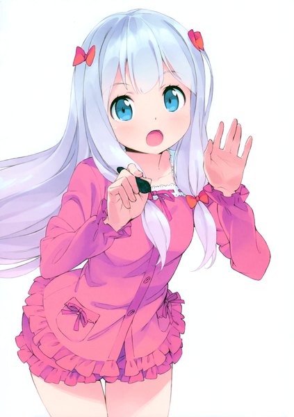 Anime picture 2450x3477 with eromanga sensei a-1 pictures izumi sagiri kanzaki hiro single long hair tall image looking at viewer blush fringe highres open mouth blue eyes simple background white background silver hair long sleeves thigh gap girl dress