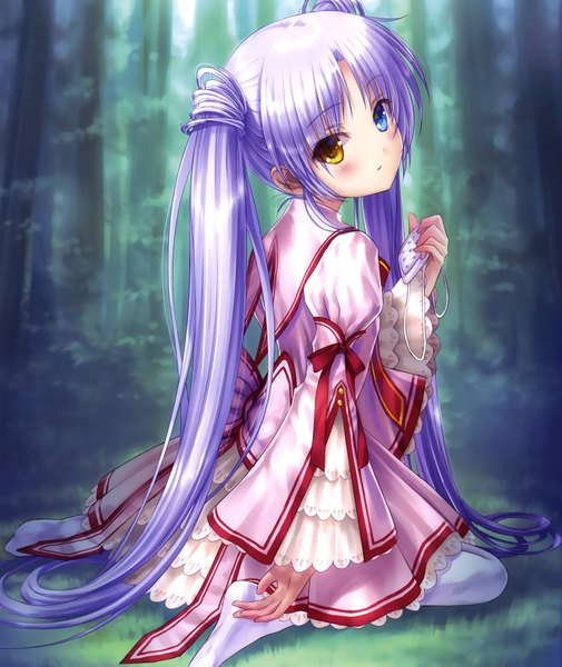 Anime picture 2370x2815 with angel beats! rewrite key (studio) tachibana kanade goto p single tall image looking at viewer blush highres blue eyes sitting twintails holding yellow eyes ahoge very long hair head tilt looking back wide sleeves