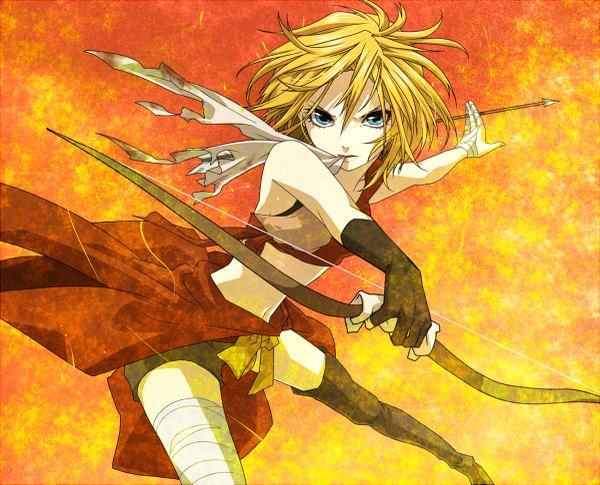 Anime picture 1200x971 with vocaloid kagamine rin single long hair looking at viewer blonde hair aqua eyes midriff yellow background orange background girl thighhighs gloves navel black thighhighs shorts bandage (bandages) bow (weapon) flame arrow (arrows)