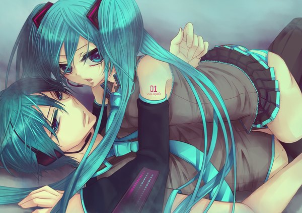 Anime picture 1500x1063 with vocaloid hatsune miku hatsune mikuo light erotic twintails green eyes green hair couple girl underwear panties detached sleeves headphones striped panties
