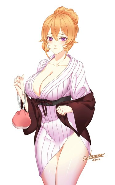 Anime picture 882x1413 with shokugeki no soma j.c. staff nakiri erina gu-ko citemer single tall image blush short hair breasts light erotic simple background smile large breasts white background purple eyes cleavage traditional clothes japanese clothes orange hair shiny skin