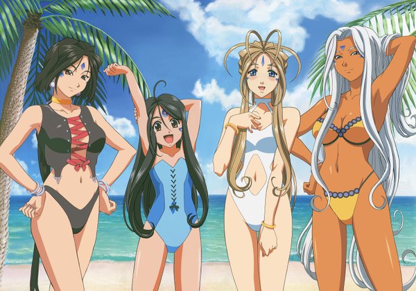 Anime picture 3232x2267 with aa megami-sama anime international company belldandy urd skuld peorth highres swimsuit