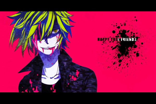 Anime picture 1278x857 with happy tree friends flippy single fringe highres short hair open mouth smile yellow eyes green hair hair over one eye personification dress boy gloves uniform blood military uniform