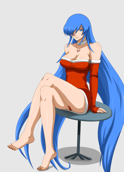Anime picture 1000x1385 with akame ga kill! white fox esdeath flowerinhell single tall image looking at viewer fringe breasts blue eyes light erotic large breasts blue hair cleavage nipples very long hair nail polish fingernails hair over one eye arm support