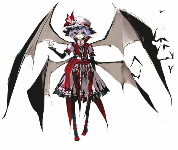 Anime picture 1280x1083 with touhou remilia scarlet banpai akira single short hair smile red eyes white background purple hair bat wings girl dress gloves bow hat elbow gloves fingerless gloves bat