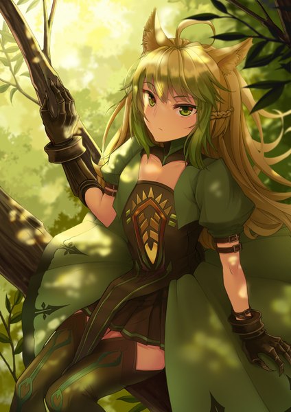 Anime picture 1200x1697 with fate (series) fate/grand order fate/apocrypha type-moon atalanta (fate) yuemanhuaikong single long hair tall image blonde hair sitting animal ears payot ahoge pleated skirt multicolored hair green hair from above two-tone hair puffy sleeves