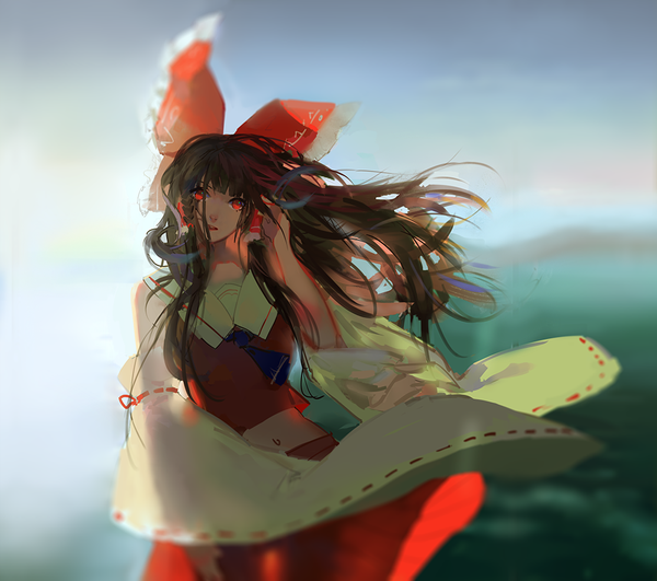 Anime picture 1000x885 with touhou hakurei reimu hoshimawa single long hair looking at viewer fringe breasts red eyes brown hair standing traditional clothes parted lips head tilt japanese clothes wind lips wide sleeves bare belly miko