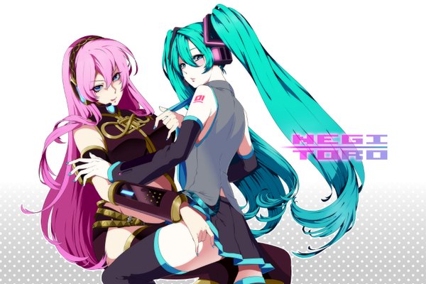 Anime picture 1500x1000 with vocaloid hatsune miku megurine luka madoreenu (artist) long hair blue eyes simple background hair between eyes white background twintails multiple girls pink hair nail polish aqua eyes aqua hair girl 2 girls detached sleeves