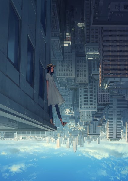 Anime picture 848x1200 with original yoshida seiji single long hair tall image standing blue hair looking away sky cloud (clouds) full body city standing on one leg hands behind back upside down against wall girl dress hat white dress