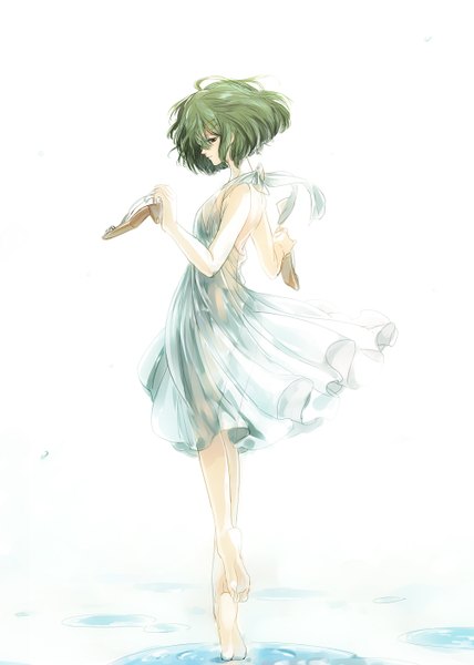 Anime picture 1000x1400 with shirayuki (artist) single tall image short hair bare shoulders green eyes barefoot green hair back girl hair ornament water shoes hairclip sundress
