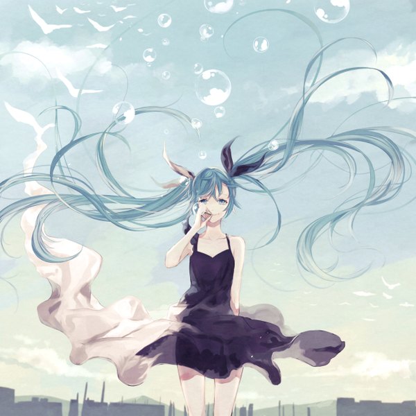 Anime picture 1215x1215 with vocaloid hatsune miku vient single looking at viewer smile standing twintails bare shoulders holding sky cloud (clouds) very long hair aqua eyes wind aqua hair alternate costume mouth hold weightlessness girl
