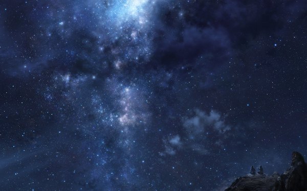 Anime picture 1415x884 with original iy (tsujiki) highres wide image sitting sky cloud (clouds) outdoors from behind night arm support night sky horizon landscape scenic rock star (stars) people