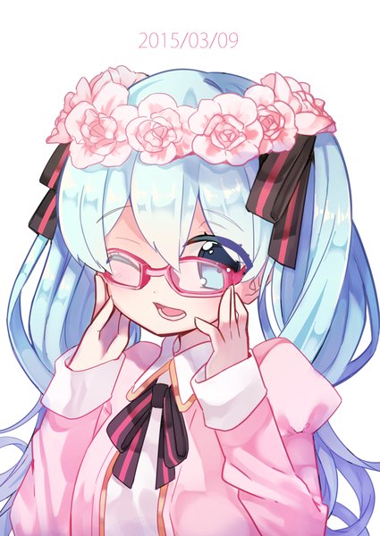 Anime picture 700x988 with vocaloid hatsune miku kinokoko-kino single long hair tall image looking at viewer blush open mouth blue eyes simple background smile white background twintails blue hair one eye closed wink dated happy adjusting glasses