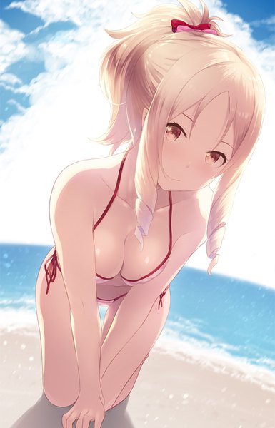 Anime picture 900x1400 with eromanga sensei a-1 pictures yamada elf cait single long hair tall image looking at viewer blush fringe breasts light erotic blonde hair smile bare shoulders brown eyes payot sky cleavage cloud (clouds)