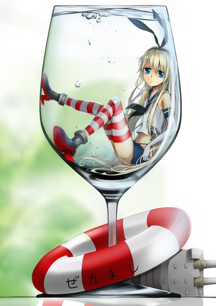 Anime picture 2480x3507 with kantai collection shimakaze destroyer rensouhou-chan ray neko-san single tall image highres blue eyes blonde hair very long hair underwater girl thighhighs skirt gloves bow hair bow miniskirt water elbow gloves
