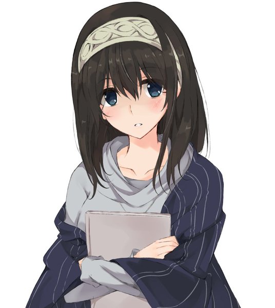 Anime picture 784x878 with idolmaster idolmaster cinderella girls sagisawa fumika yabudatami single long hair tall image looking at viewer blush fringe blue eyes black hair simple background hair between eyes white background holding upper body long sleeves parted lips girl