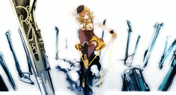 Anime picture 1000x542 with mahou shoujo madoka magica shaft (studio) tomoe mami lupicam single blonde hair wide image white background sitting twintails yellow eyes looking away drill hair arm behind head girl thighhighs gloves ribbon (ribbons) weapon detached sleeves