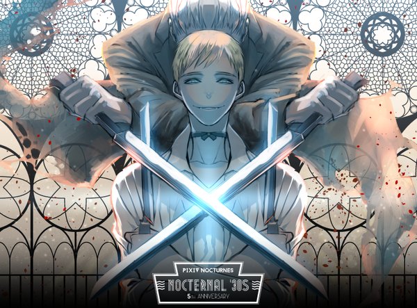 Anime picture 1610x1190 with pixiv nocturnes shijuu hachi looking at viewer short hair open mouth blue eyes blonde hair smile white hair multiple boys teeth fang (fangs) open collar boy weapon shirt petals sword 2 boys knife