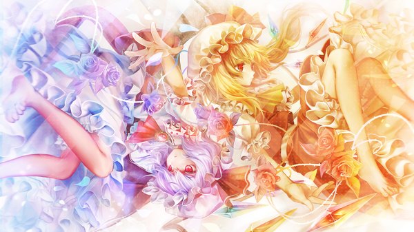 Anime picture 1200x674 with touhou flandre scarlet remilia scarlet torino aqua fringe short hair blonde hair red eyes wide image multiple girls white hair profile multicolored hair barefoot bare legs legs gradient hair siblings sisters girl