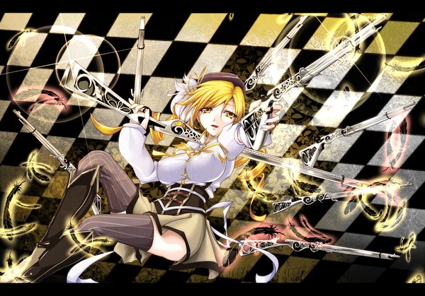 Anime picture 1470x1027 with mahou shoujo madoka magica shaft (studio) tomoe mami amgetd (artist) blonde hair yellow eyes drill hair girl thighhighs skirt weapon detached sleeves miniskirt feather (feathers) striped thighhighs rifle