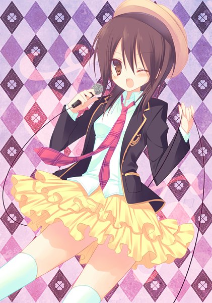 Anime picture 807x1150 with kaichou wa maid-sama! ayuzawa misaki sumii single tall image looking at viewer blush short hair open mouth black hair brown eyes one eye closed wink girl thighhighs dress white thighhighs necktie microphone