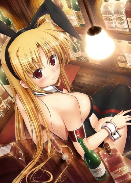 Anime picture 777x1087 with mahou shoujo lyrical nanoha fate testarossa mikuni mizuki single long hair tall image looking at viewer blush breasts light erotic blonde hair red eyes large breasts sitting bare shoulders animal ears cleavage looking back light smile bunny ears