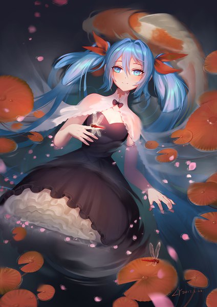 Anime picture 1200x1698 with vocaloid hatsune miku lian yao single tall image looking at viewer blush fringe blue eyes hair between eyes twintails signed payot blue hair very long hair light smile depth of field partially submerged dated ripples