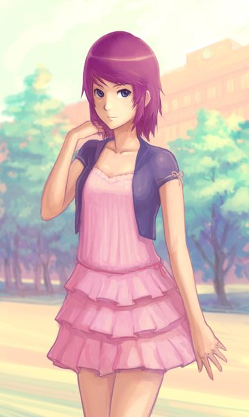 Anime picture 836x1400 with bakemonogatari shaft (studio) monogatari (series) senjougahara hitagi haoni single tall image short hair blue eyes looking away purple hair light smile open clothes open jacket girl dress plant (plants) tree (trees) jacket