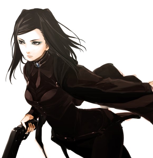 Anime picture 878x908 with ergo proxy re-l mayer comin (artist) single tall image short hair breasts black hair simple background white background holding from above pale skin makeup girl weapon gun buttons pistol