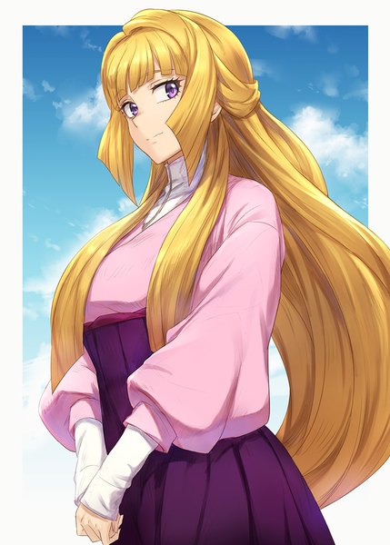 Anime picture 800x1119 with mobile suit gundam gundam tekketsu no orphans sunrise (studio) kudelia aina bernstein guchico single tall image looking at viewer blonde hair purple eyes very long hair girl dress