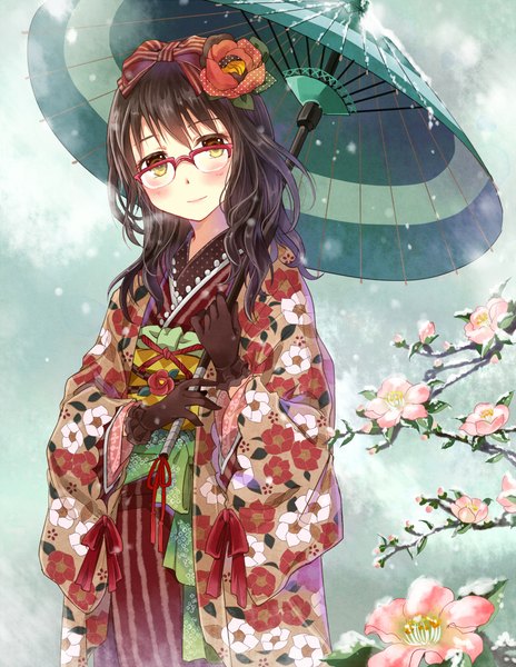 Anime picture 782x1011 with original nekozuki yuki single long hair tall image looking at viewer blush black hair yellow eyes traditional clothes japanese clothes hair flower girl flower (flowers) bow hair bow glasses kimono umbrella oriental umbrella