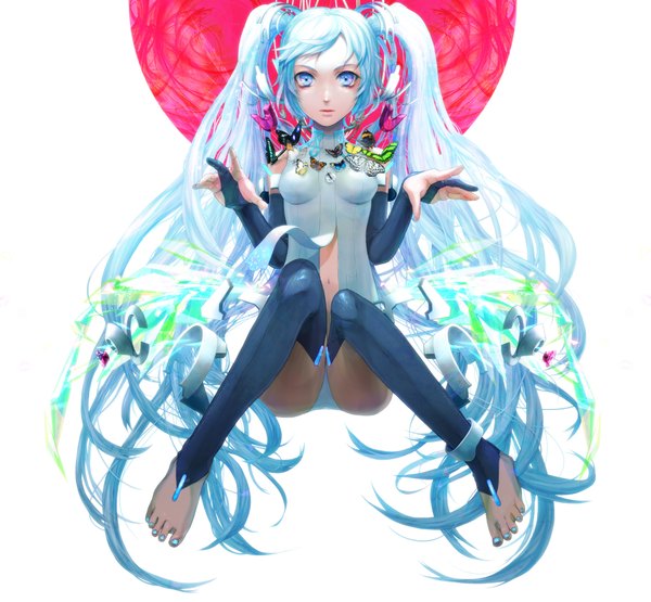 Anime picture 2025x1875 with vocaloid hatsune miku rowya long hair highres twintails barefoot aqua eyes aqua hair girl insect butterfly