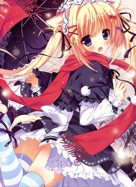 Anime picture 2885x3965 with original shiromochi sakura single tall image blush highres open mouth blue eyes blonde hair twintails animal ears very long hair scan girl thighhighs dress ribbon (ribbons) hair ribbon scarf umbrella