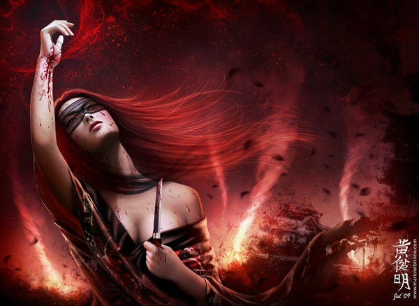 Anime picture 1024x748 with legend of the five rings soshi miroki mario wibisono (raynkazuya) single long hair sky red hair lips realistic chinese clothes smoke girl weapon petals blood fire chinese dress knife japanese house