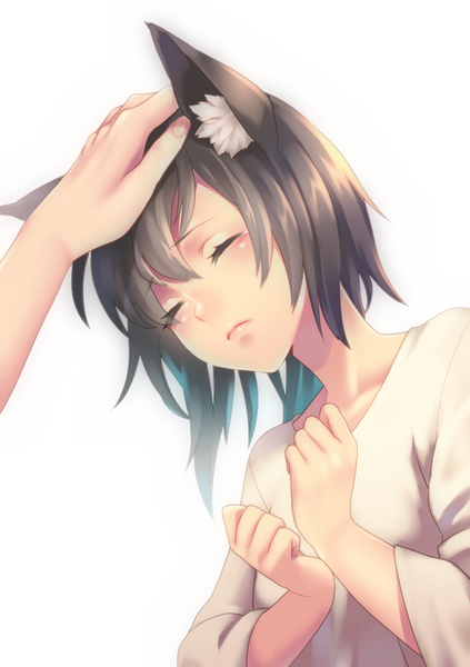 Anime picture 653x926 with original matsuda toki single tall image blush fringe short hair simple background hair between eyes brown hair white background animal ears upper body eyes closed hand on another's head headpat girl t-shirt