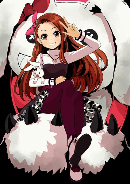 Anime picture 740x1047 with idolmaster league of legends minase iori goomrrat single long hair tall image looking at viewer short hair smile sitting brown eyes orange hair eyebrows annie (league of legends) (cosplay) girl dress bow hair bow toy