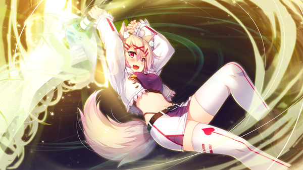 Anime picture 1919x1079 with aristear remain astronauts comet kiryuu koma rozea (graphmelt) kokusan moyashi single looking at viewer blush highres short hair open mouth blonde hair smile red eyes wide image holding animal ears game cg bent knee (knees) tail