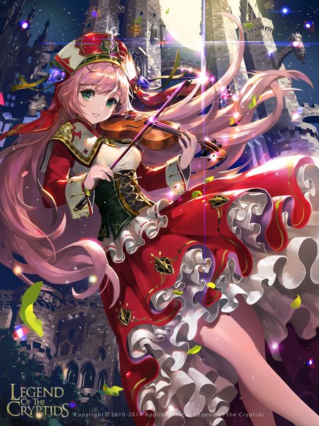 Anime picture 1000x1333 with original legend of the cryptids tob single long hair tall image looking at viewer green eyes pink hair night watermark underbust girl dress frills headdress leaf (leaves) building (buildings) moon full moon