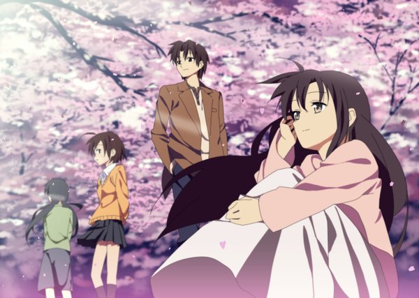 Anime picture 1488x1061 with 5 centimeters per second short hair brown hair multiple girls cherry blossoms group hands in pockets girl boy petals 3 girls branch