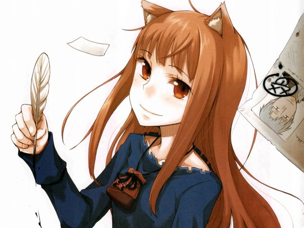 Anime picture 3200x2400 with spice and wolf horo craft lawrence long hair highres smile red eyes brown hair white background animal ears absurdres wolf ears wolf girl girl feather (feathers)