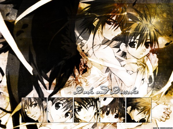 Anime picture 1024x768 with d.n.angel xebec niwa daisuke dark mousy looking at viewer short hair brown hair signed multiple boys multiview black wings third-party edit shounen ai polychromatic boy wings 2 boys