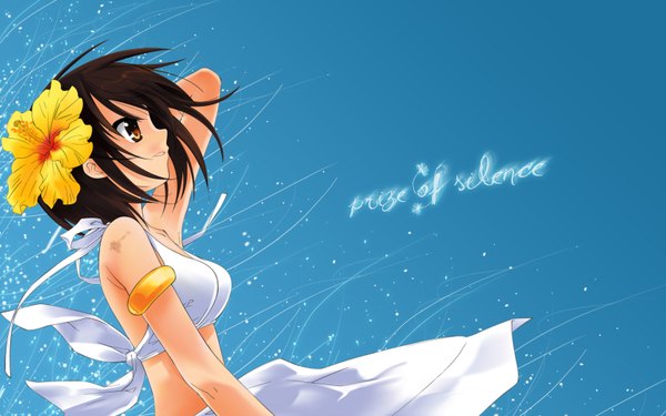 Anime picture 1680x1050 with suzumiya haruhi no yuutsu kyoto animation suzumiya haruhi itou noiji short hair wide image brown eyes sky hair flower wind inscription official art tattoo flying girl skirt hair ornament flower (flowers) swimsuit bikini