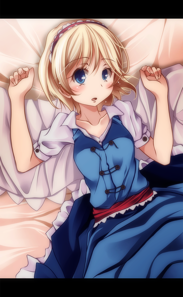 Anime picture 1000x1618 with touhou alice margatroid s-syogo single tall image blush short hair open mouth blue eyes blonde hair lying girl dress hairband